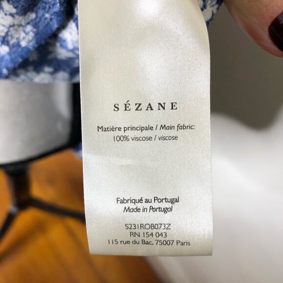Sezane Dress Asianne Cara Antique Floral Wrap Mini Navy Blue Ruffle French 38 - Picture 9 of 13